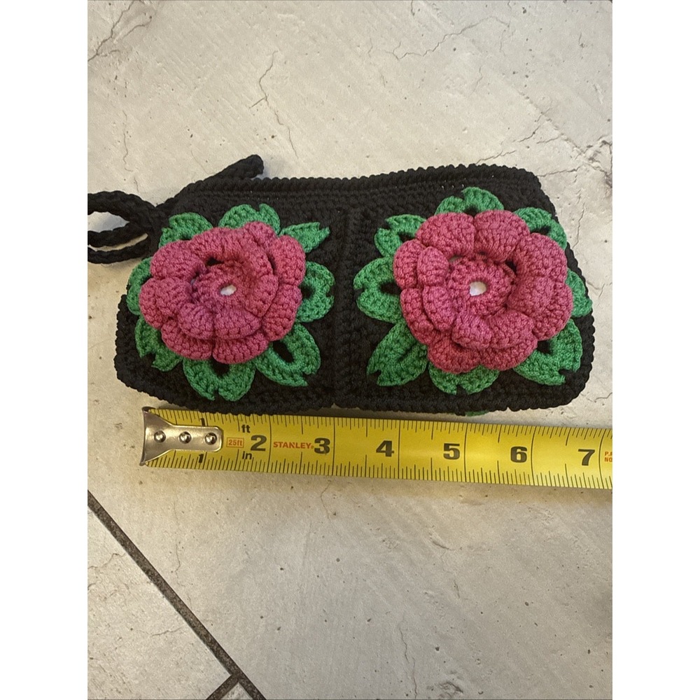 Crochet Bag Handmade Pink Flower Granny Square Small Tote Purse Bag- Cottagecore